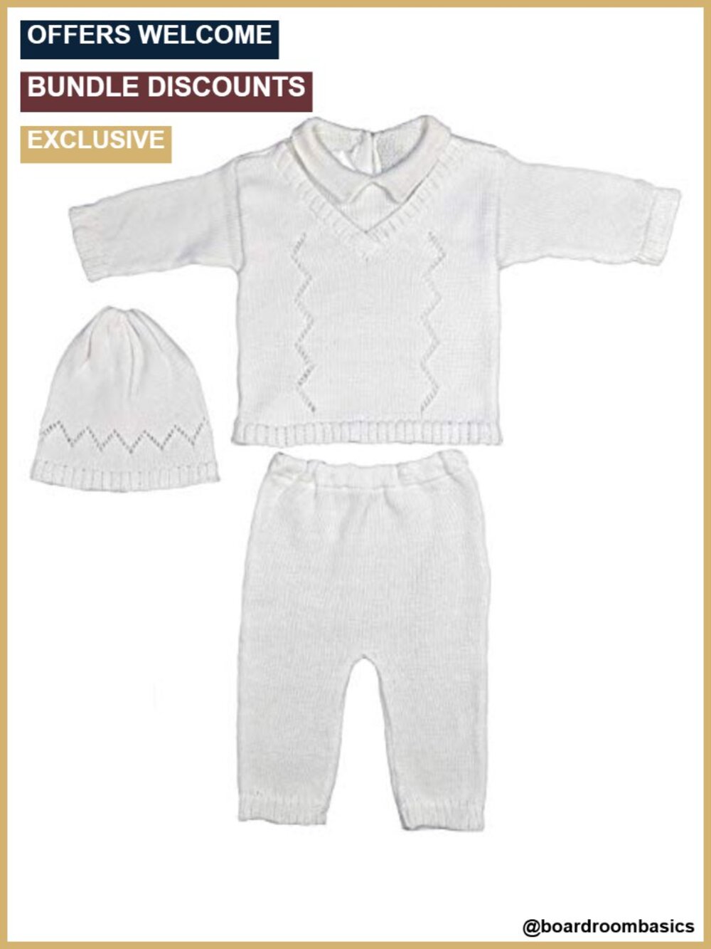 Boys 3 Piece Cotton Knit Christening Baptism Sweater Pants Cap Set